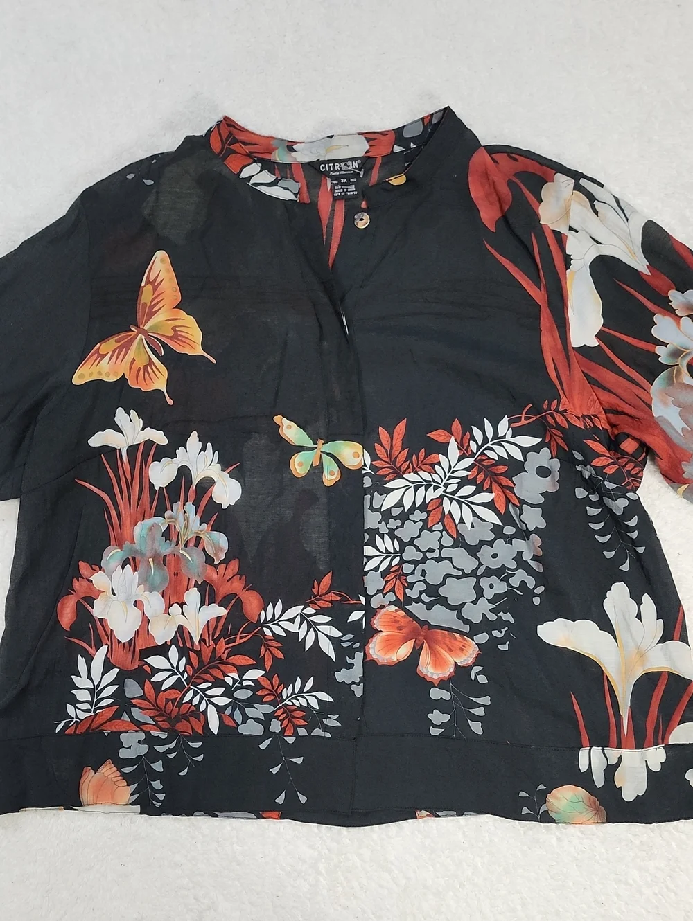Citron Santa Monica Floral Butterfly 3/4 Sleeve Button Front Blouse